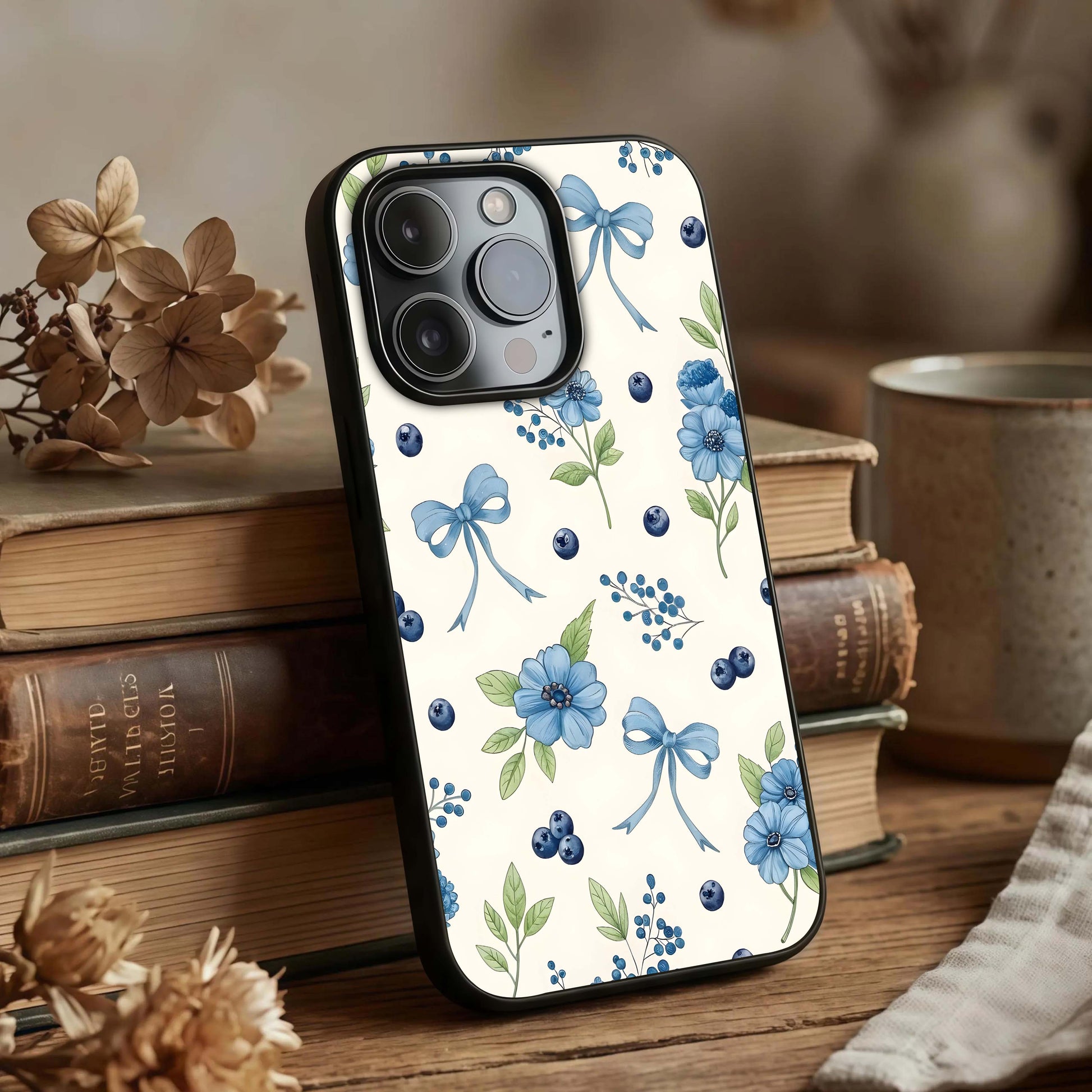 Blue Flower & Bow Glass Case displayed upright for cute design visibility and premium finish.