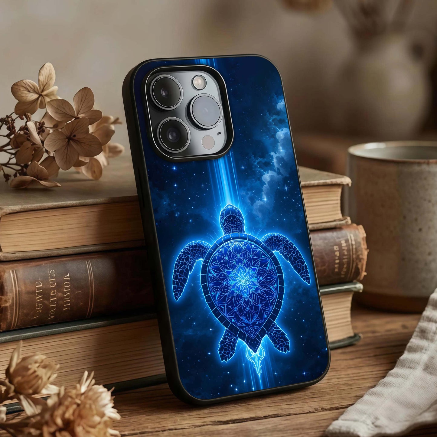 Blue Galaxy Turtle Glass Case displayed upright for detailed cosmic visibility and premium finish.