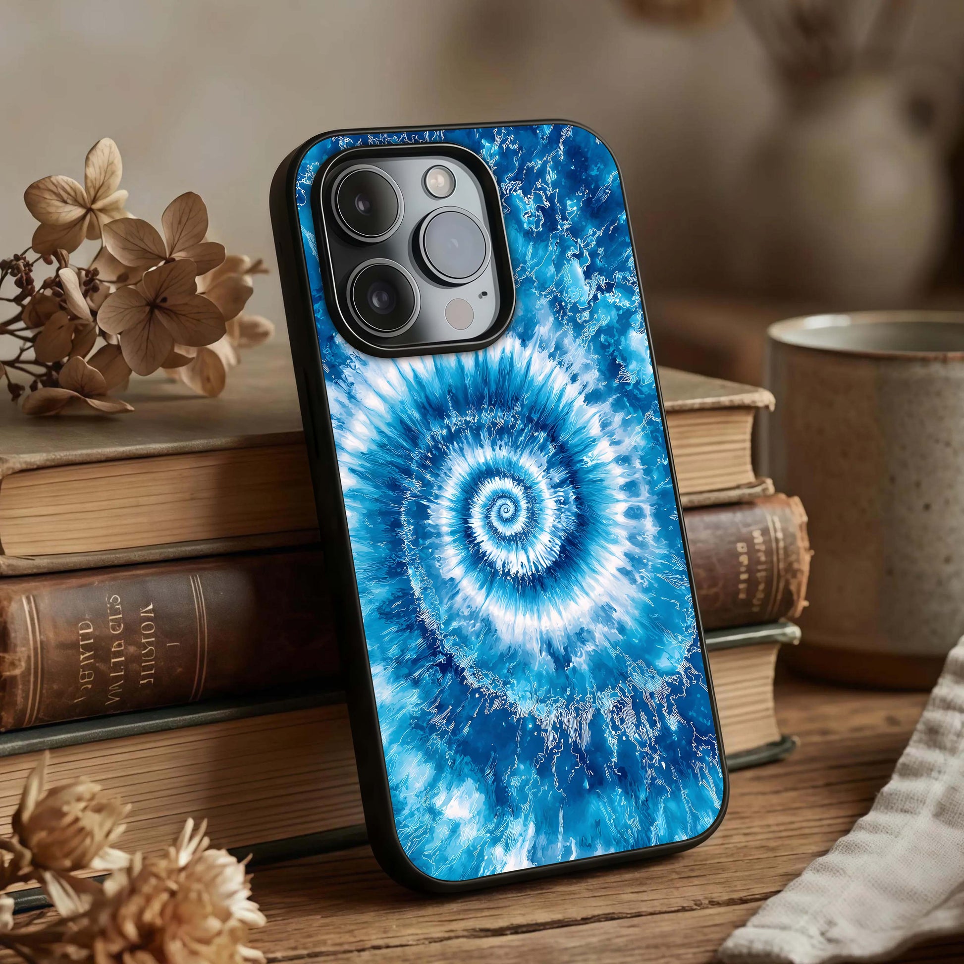 Blue Galaxy Wave Glass Case displayed upright for dynamic design visibility and premium finish.