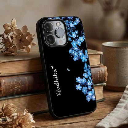 Blue Petal Dream Custom Name Glass Case displayed upright for custom-name focus and premium finish.