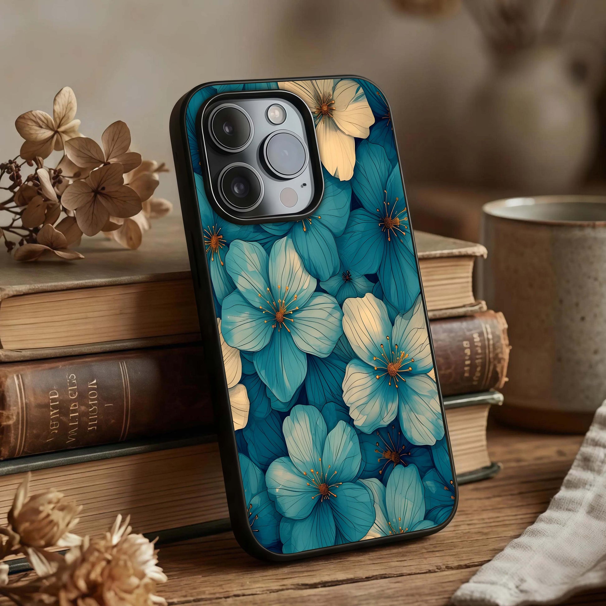 Blue Shade Floral Glass Case displayed upright for floral detail visibility and premium finish.