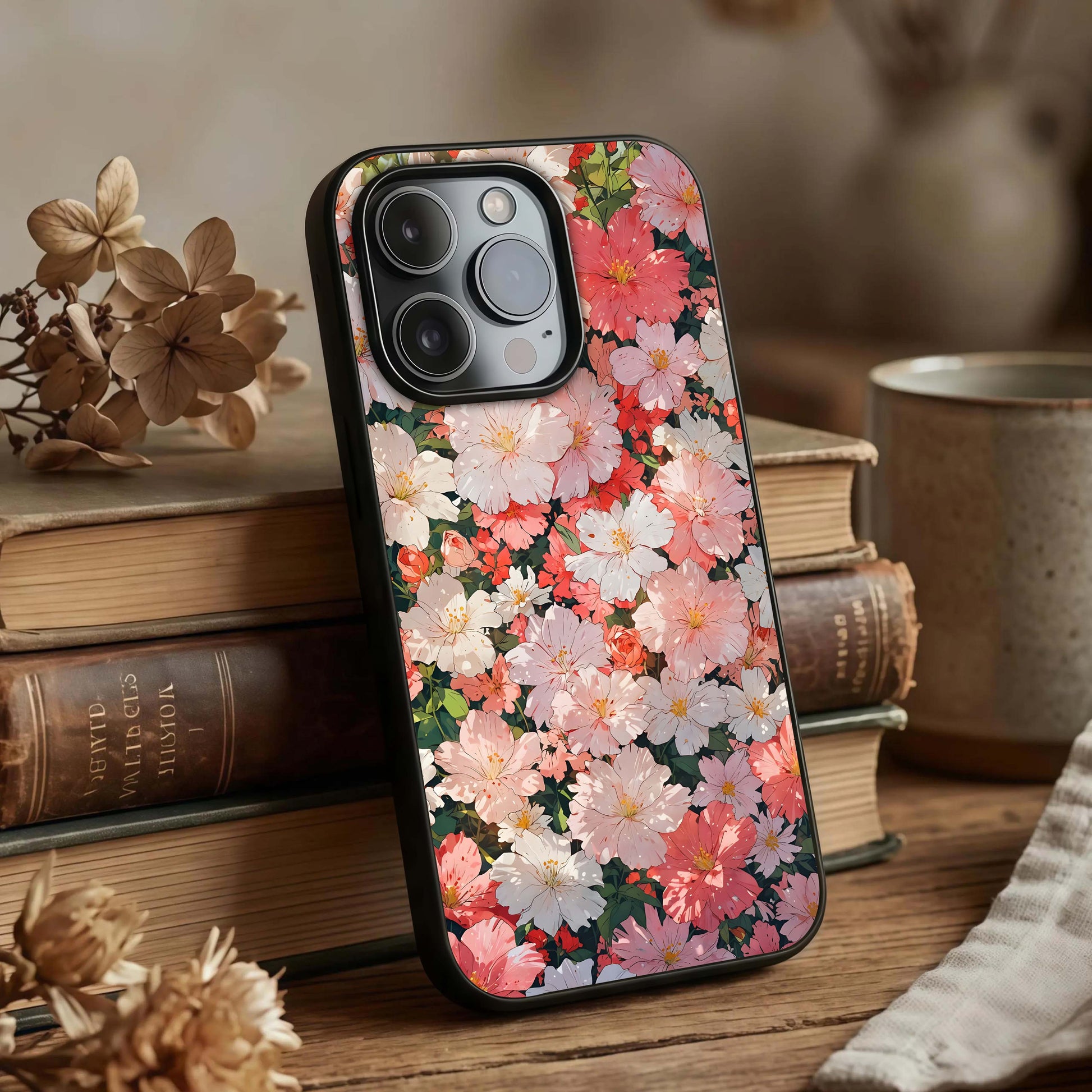 Blush Bloom Field Glass Case displayed upright for gentle floral visibility and premium finish.
