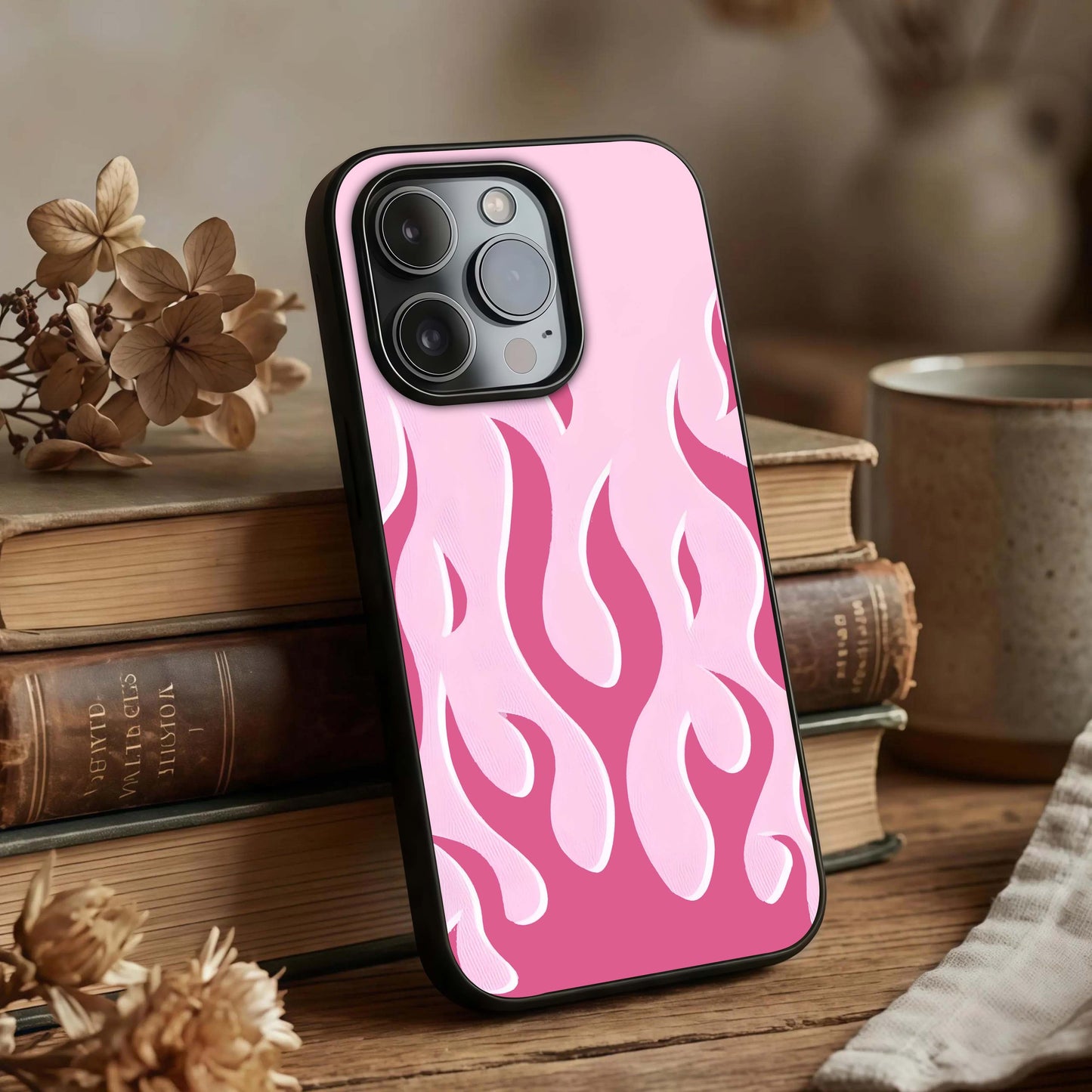 Blush Flame Energy Glass Case displayed upright for dynamic design visibility and premium finish.
