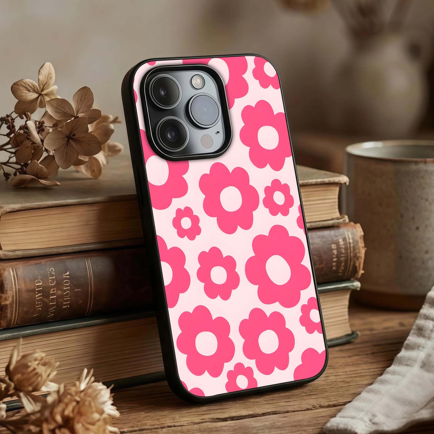 Blush Flower Pop Glass Case displayed upright for lively floral visibility and premium finish.