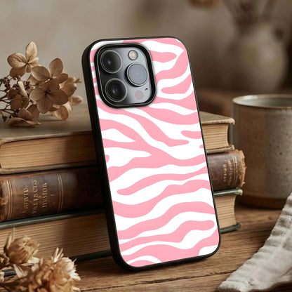 Blush Zebra Flow Glass Case displayed upright for bold pattern visibility and premium finish.