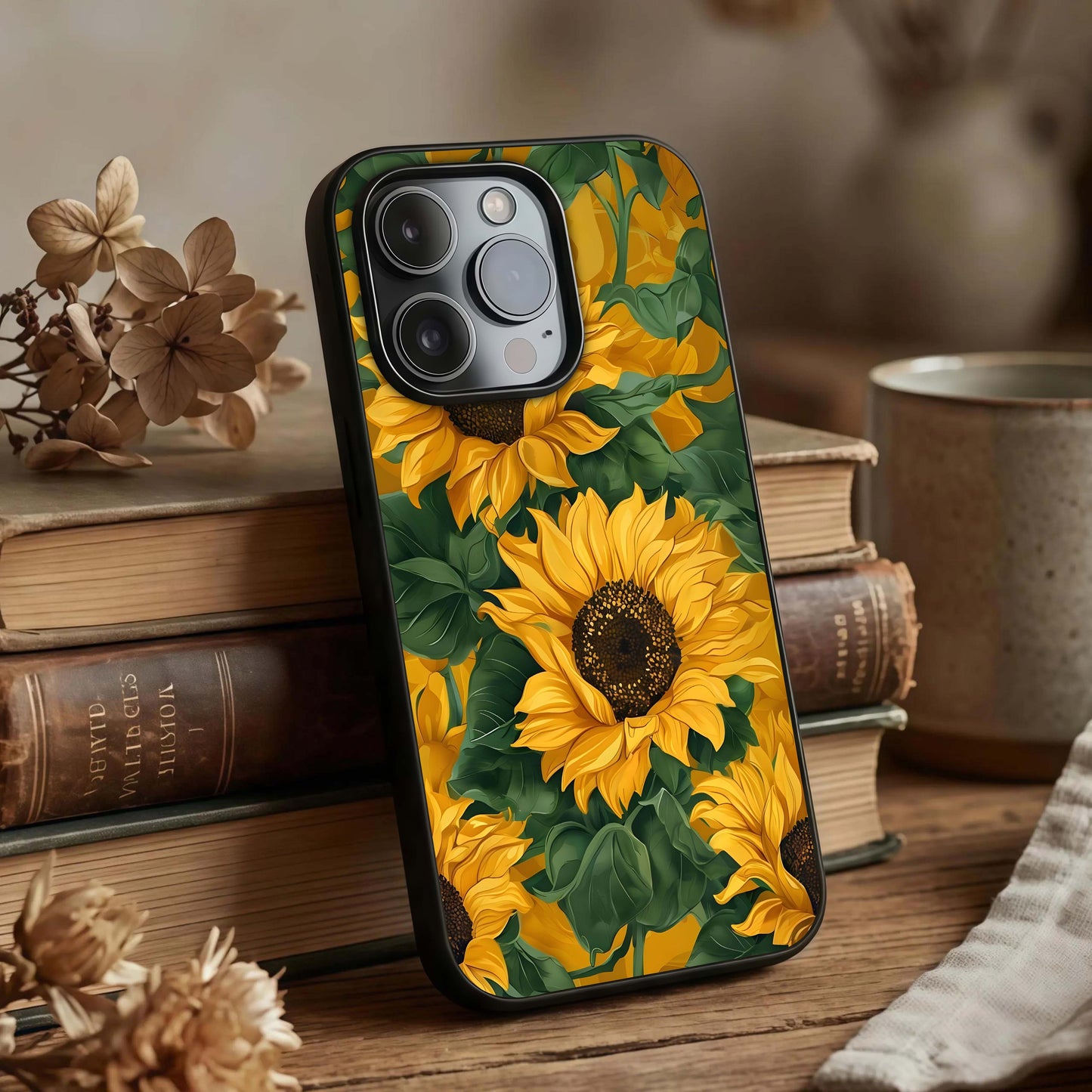 Bright Sunflower Bloom Glass Case displayed upright for bold floral visibility and premium finish.
