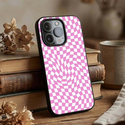 Bubblegum Check Wave Glass Case displayed upright for pop pattern visibility and premium finish.