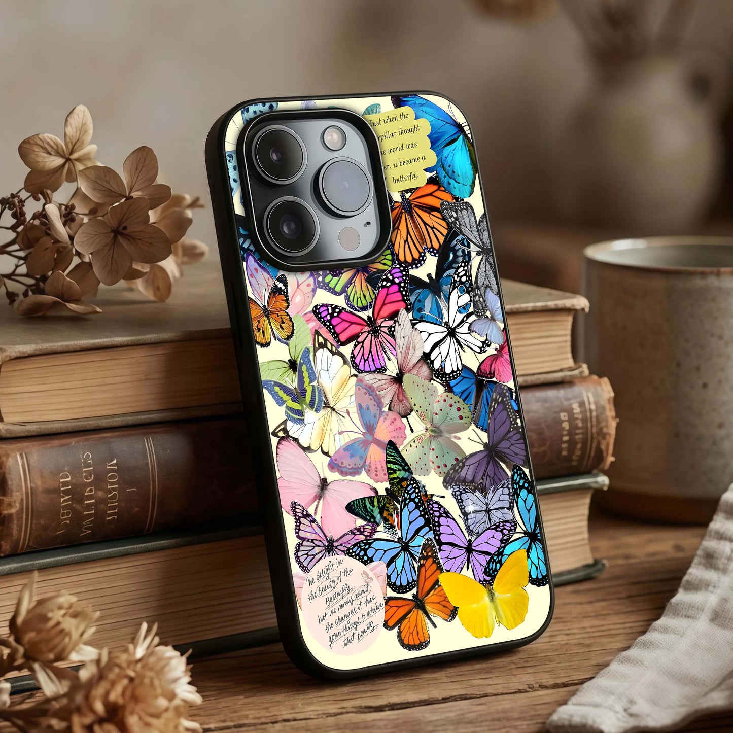 Butterflies Petal Dream Glass Case displayed upright for soft design visibility and premium finish.