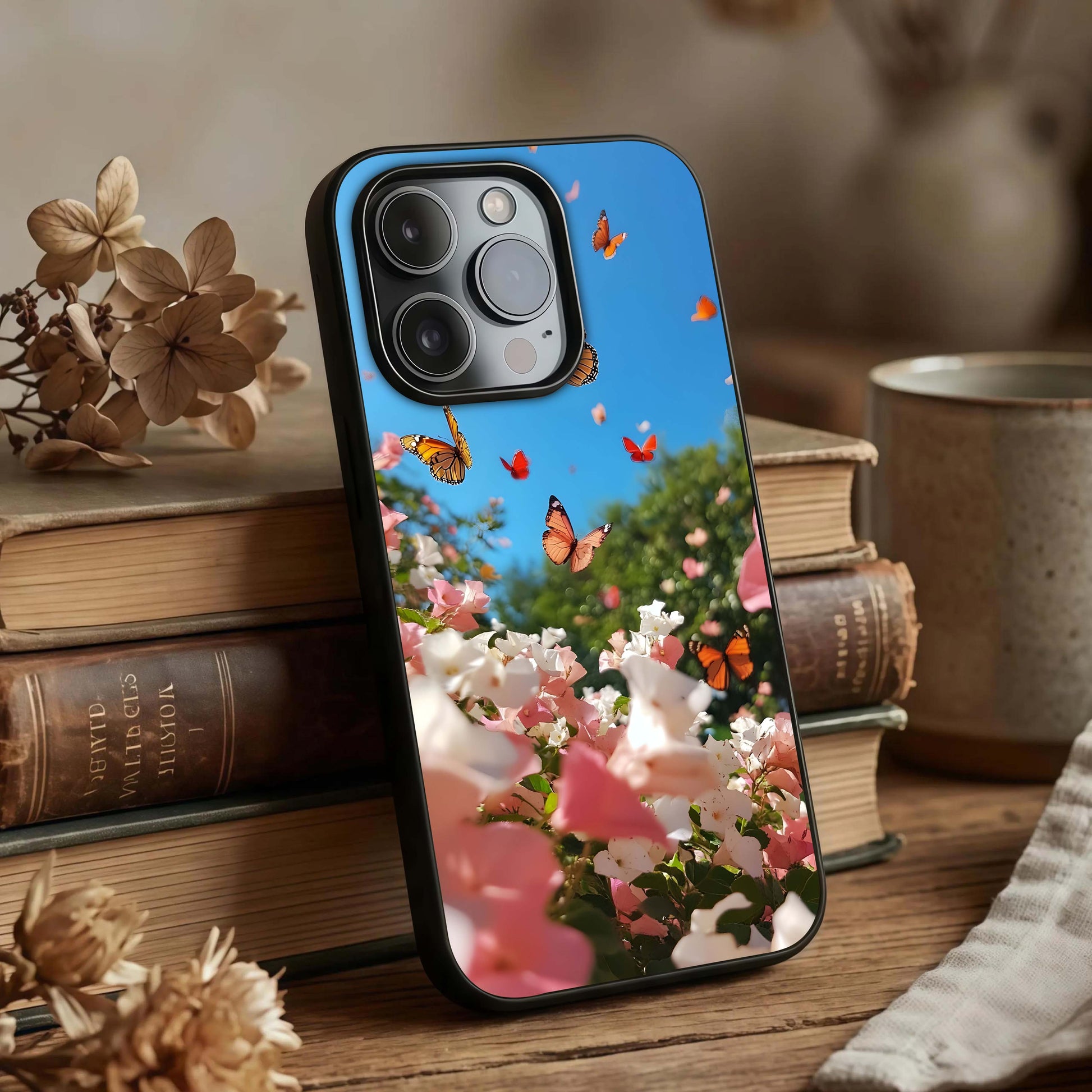 Butterflies in Bloom Sky Glass Case displayed upright for graceful design visibility and premium finish.