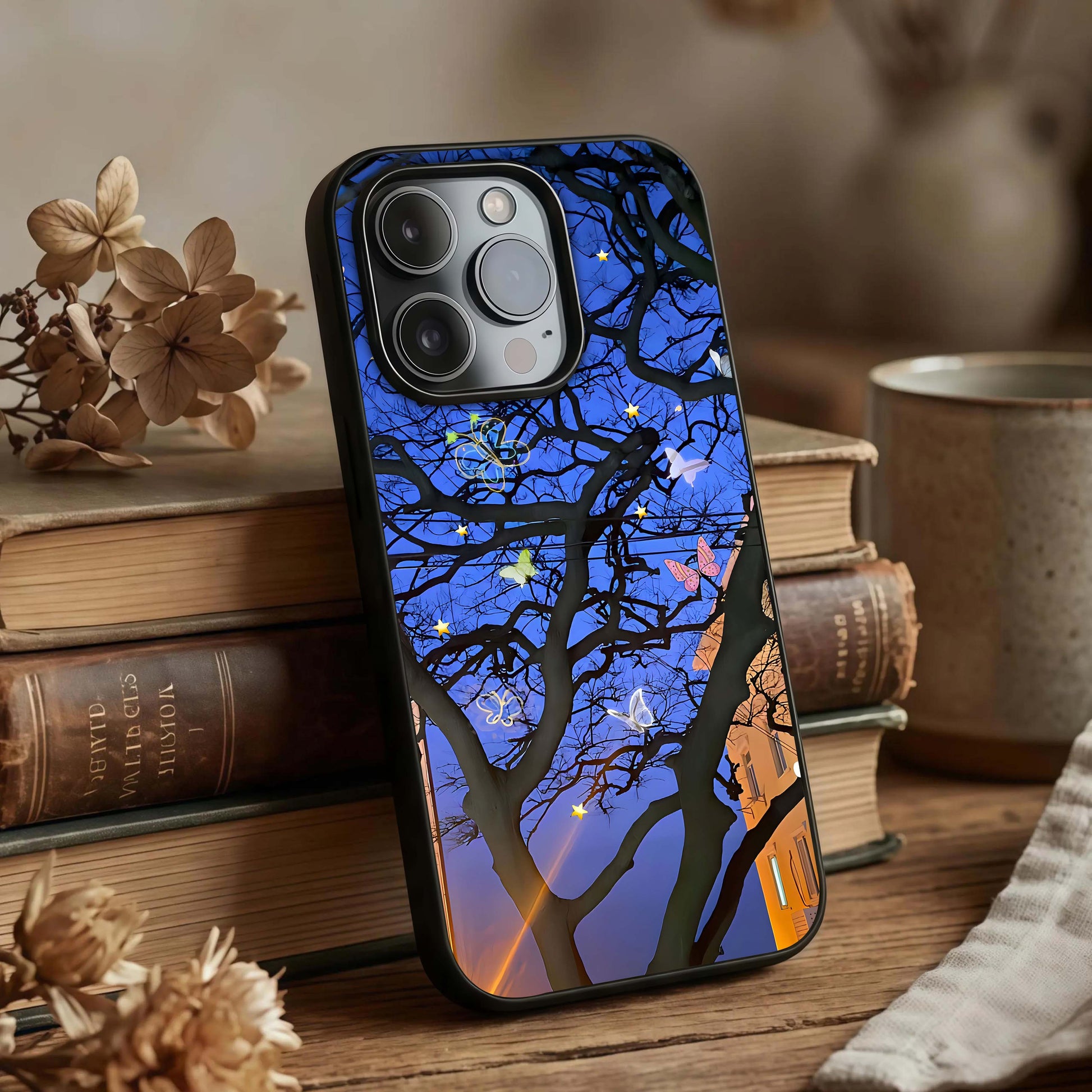 Butterfly Night Magic Glass Case displayed upright for magical night design visibility and premium finish.