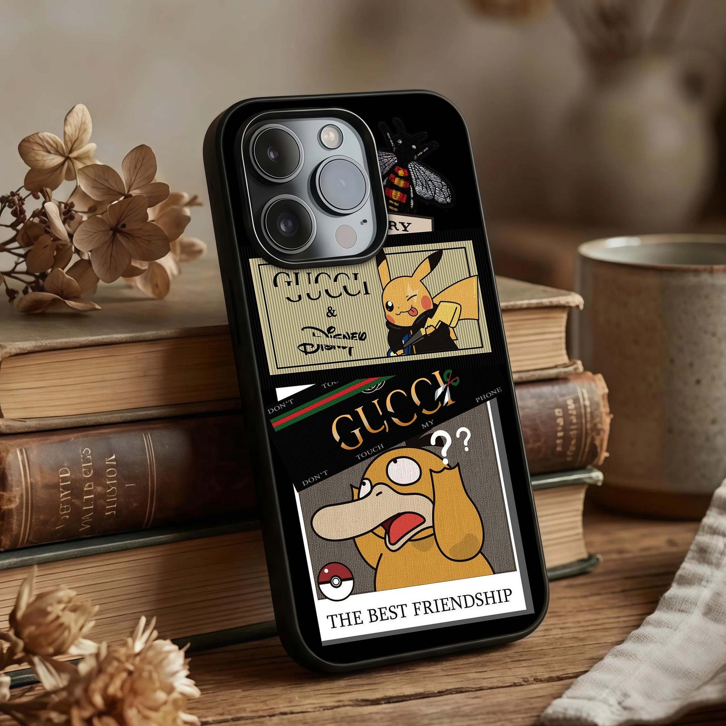 Cartoon Brand Play Mashup Glass Case displayed upright for energetic design visibility and premium finish.