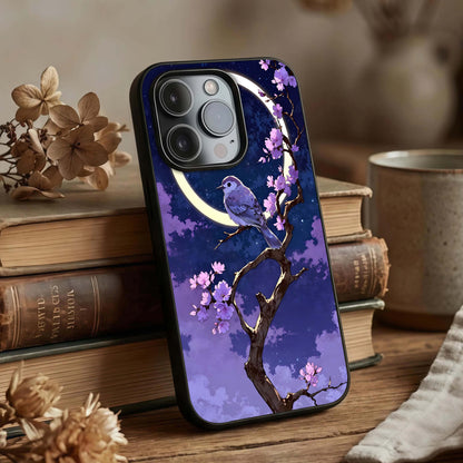 Celestial Bird Blossom Glass Case displayed upright for celestial design visibility and premium finish.