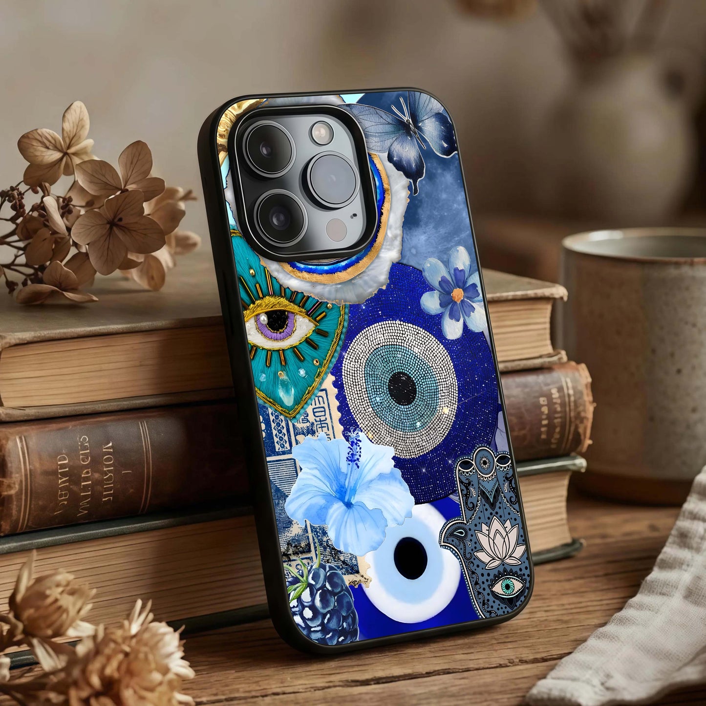 Celestial Blue Vision Glass Case displayed upright for focused celestial visibility and premium finish.
