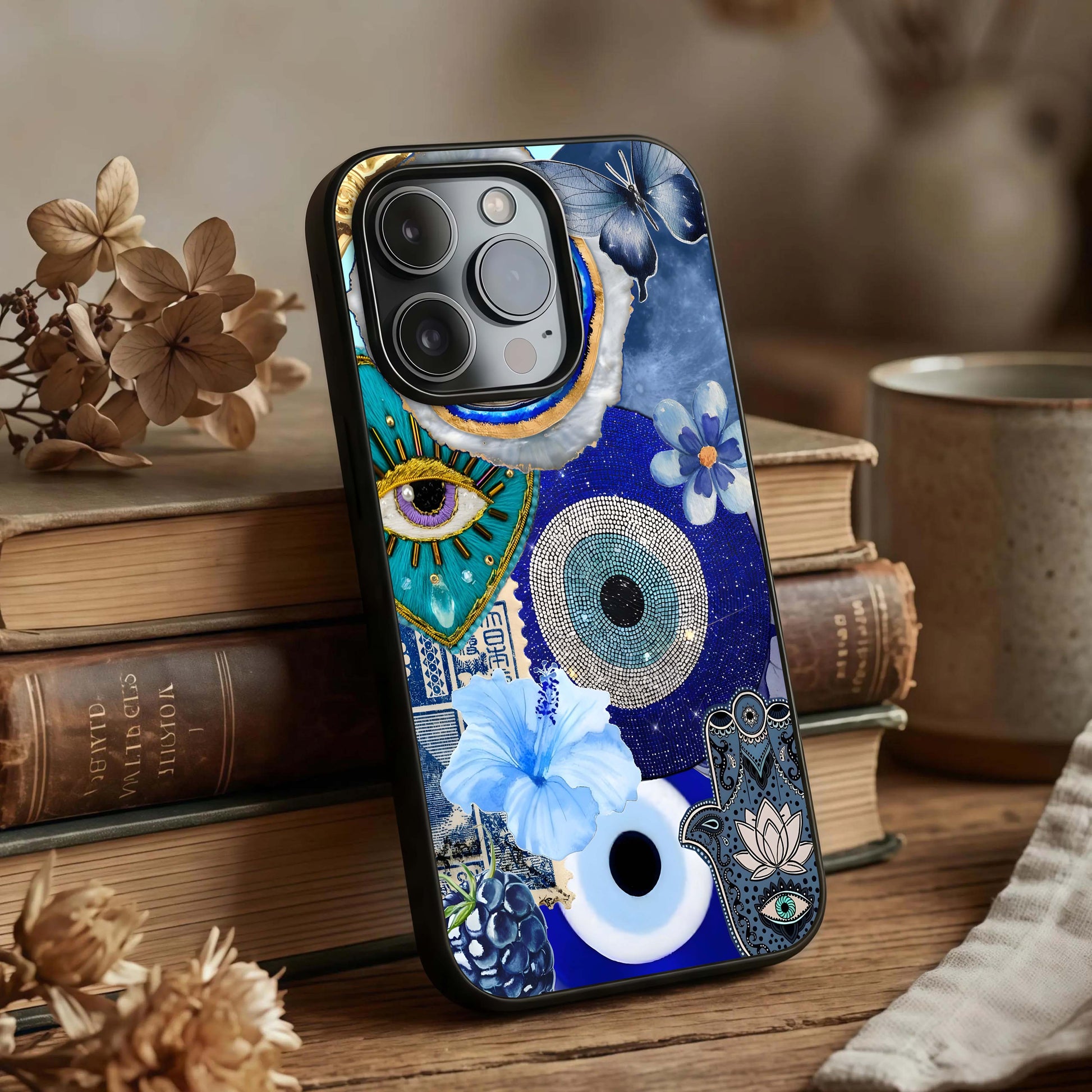 Celestial Blue Vision Glass Case displayed upright for focused celestial visibility and premium finish.
