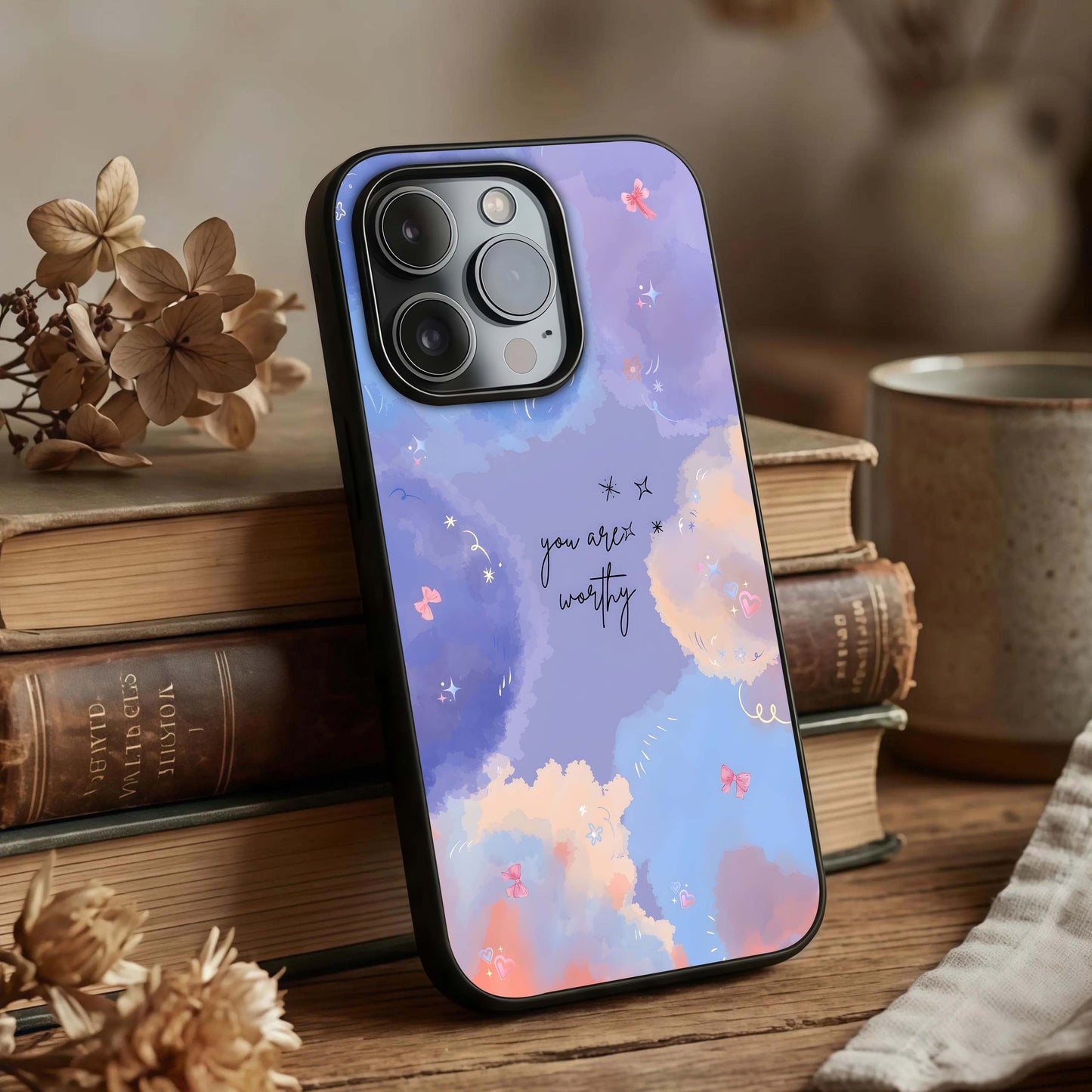Celestial Cloud Magic Glass Case displayed upright for magical design visibility and premium finish.