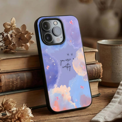Celestial Cloud Magic Glass Case displayed upright for magical design visibility and premium finish.