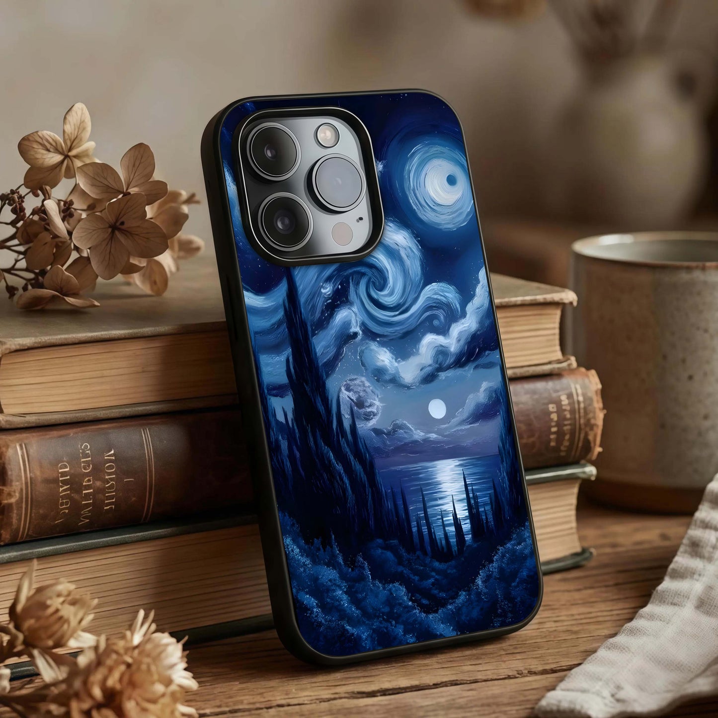 Celestial Dream Van Gogh Glass Case displayed upright for expressive design visibility and premium finish.