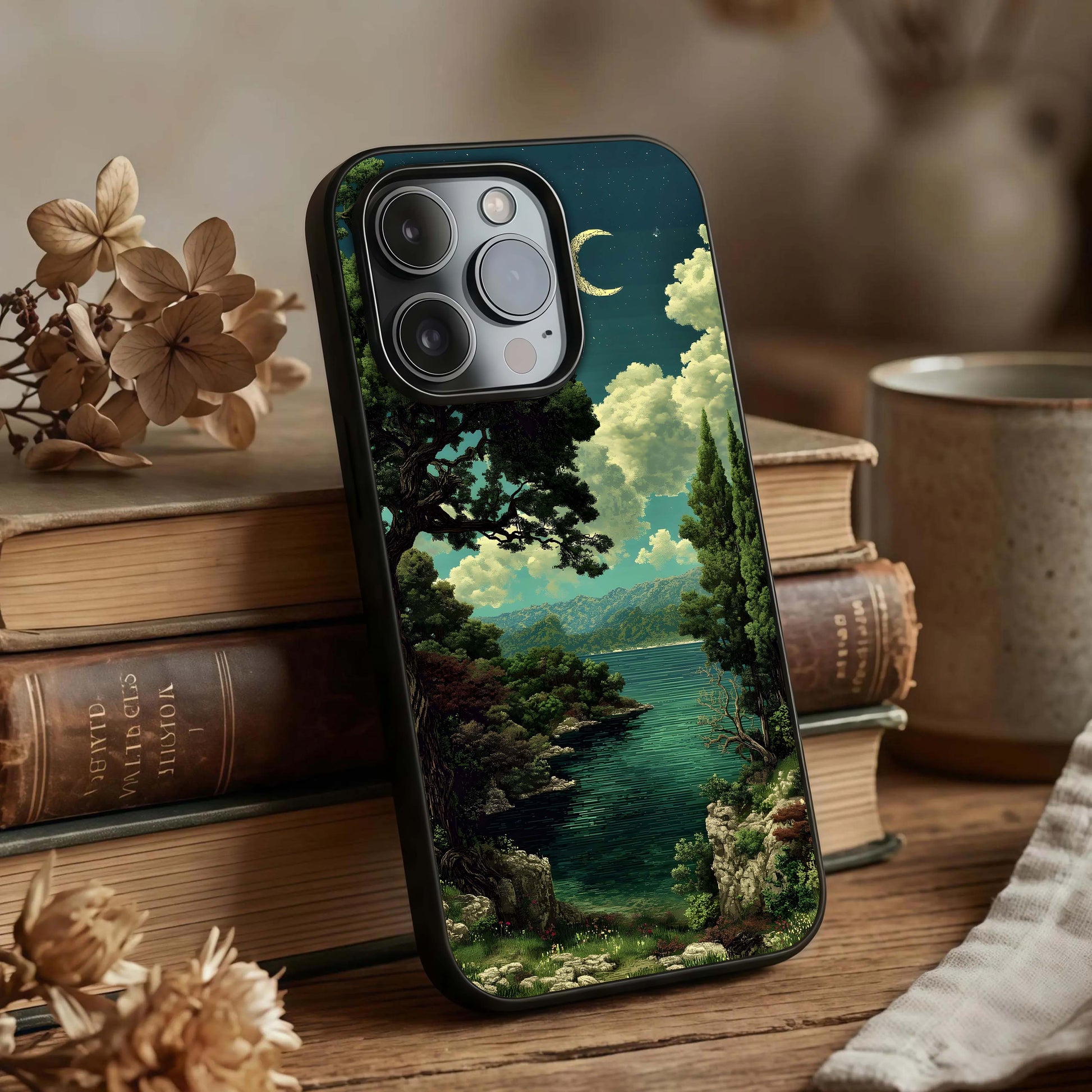Celestial Lake Peace Glass Case displayed upright for peaceful landscape visibility and premium finish.