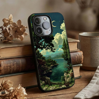 Celestial Lake Peace Glass Case displayed upright for peaceful landscape visibility and premium finish.