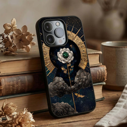 Celestial Lotus Morang Glass Case displayed upright for spiritual design visibility and premium finish.