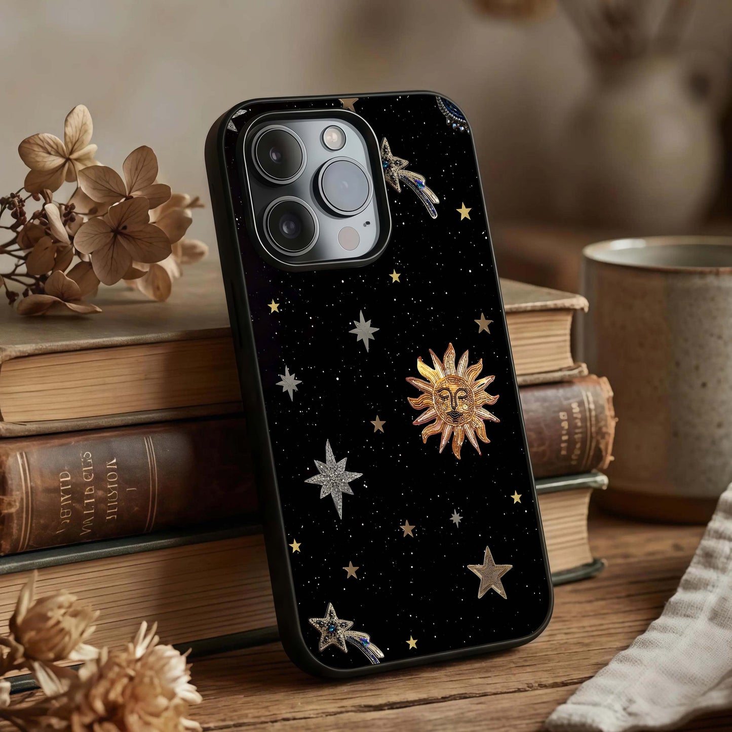 Celestial Moon With Stars Glass Case displayed upright for celestial night visibility and premium finish.