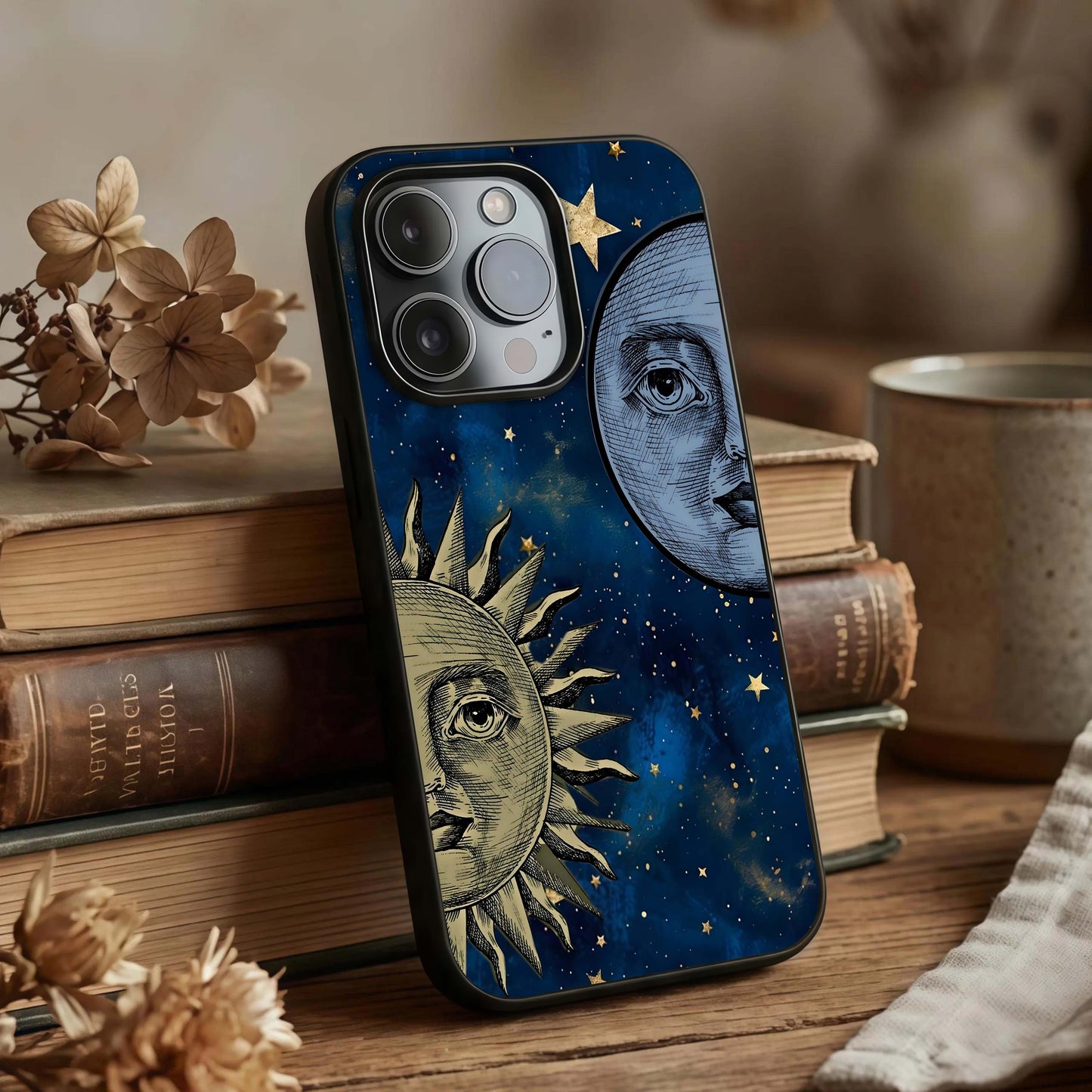 Celestial Moon With Sun Glass Case displayed upright for harmonious design visibility and premium finish.