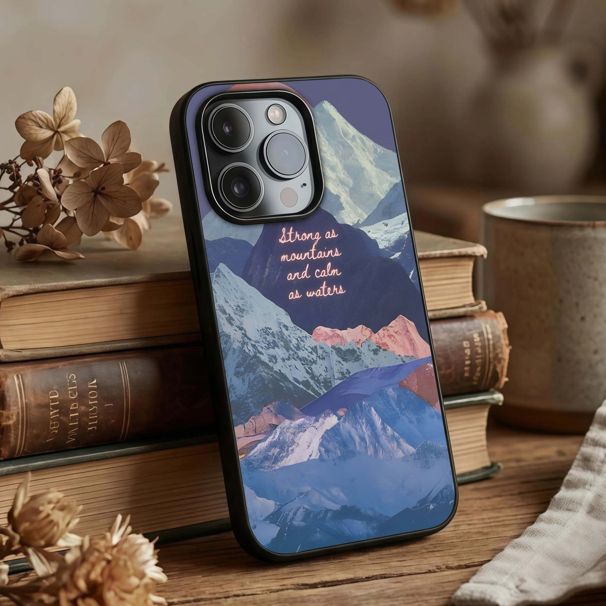 Celestial Mountain Calm Glass Case displayed upright for peaceful landscape visibility and premium finish.