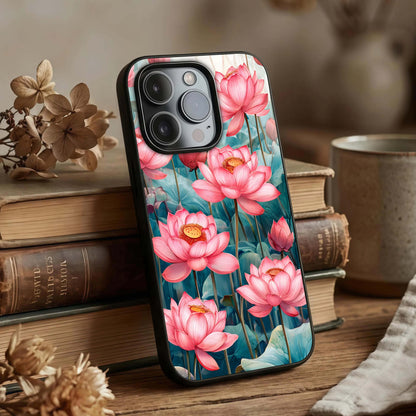 Celestial Pink Lotus Glass Case displayed upright for spiritual floral visibility and premium finish.