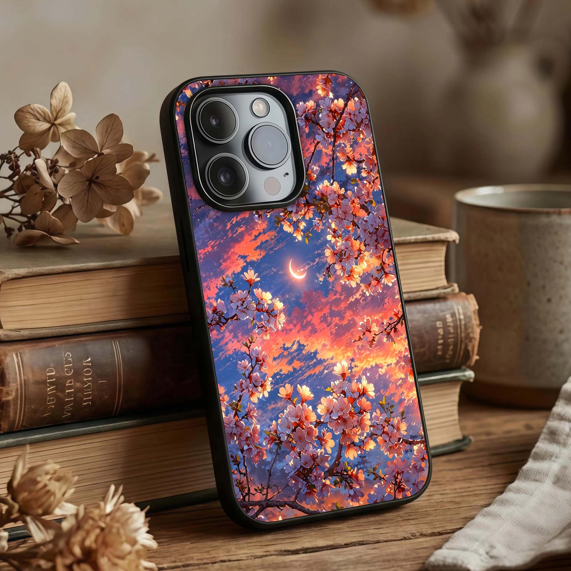 Celestial Sakura Sunset Glass Case displayed upright for scenic floral visibility and premium finish.