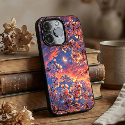 Celestial Sakura Sunset Glass Case displayed upright for scenic floral visibility and premium finish.