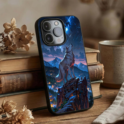 Celestial Wolf Howl Glass Case displayed upright for bold design visibility and premium finish.