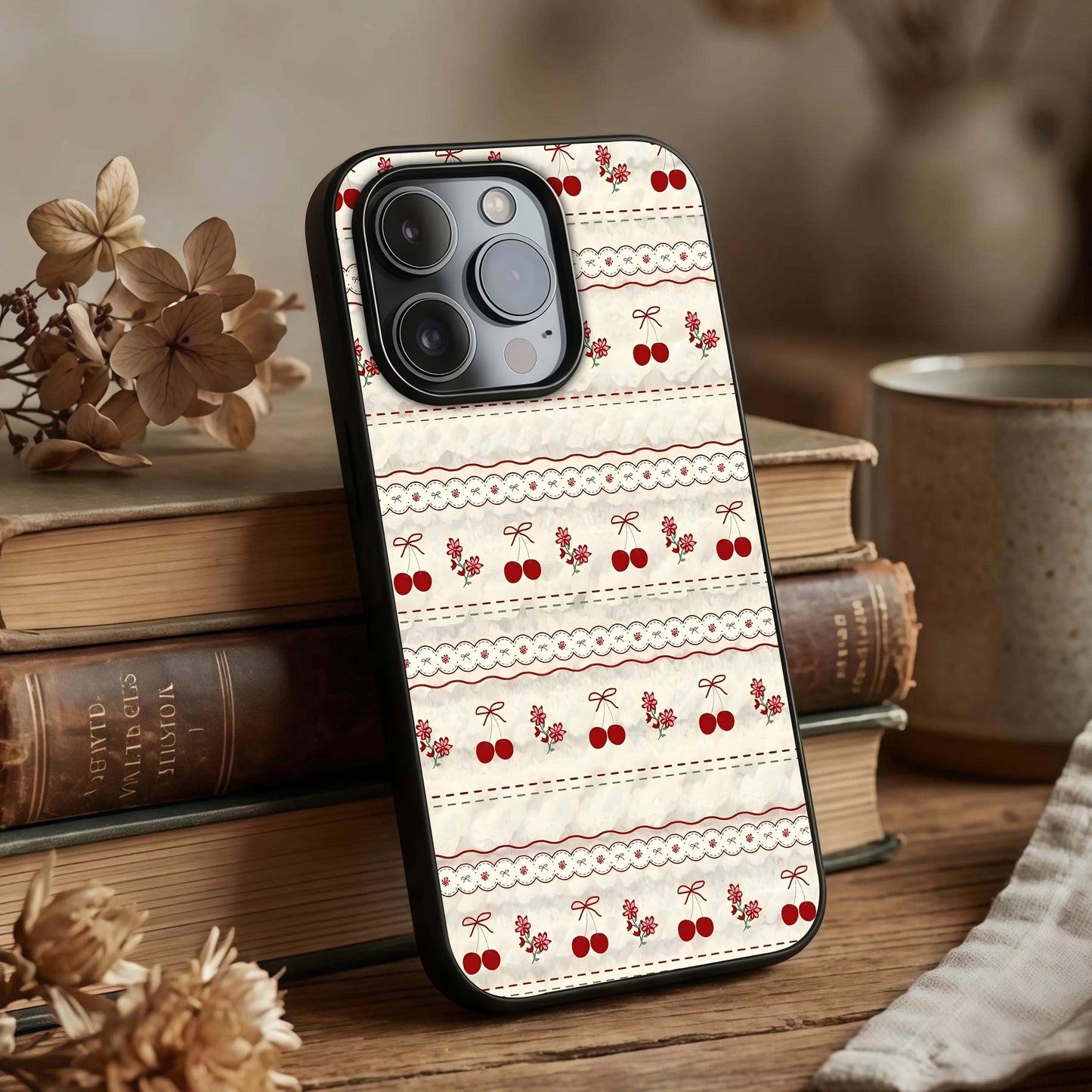 Cherry Bloom Charm Glass Case displayed upright for charming floral visibility and premium finish.