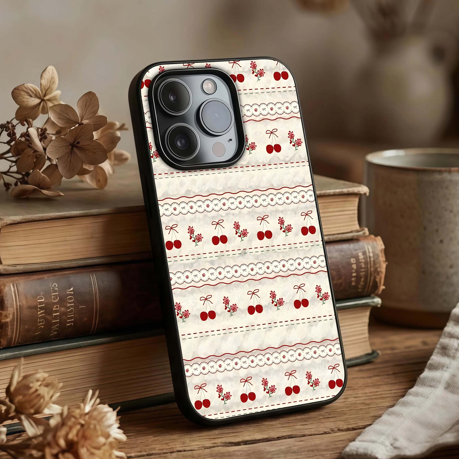 Cherry Bloom Charm Glass Case displayed upright for charming floral visibility and premium finish.