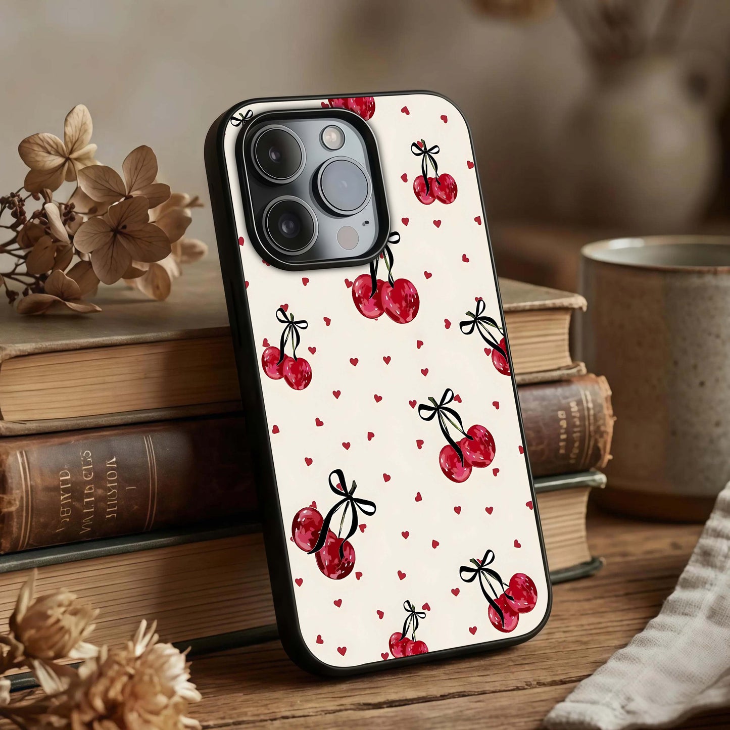 Cherry Heart Bow Glass Case displayed upright for adorable design visibility and premium finish.