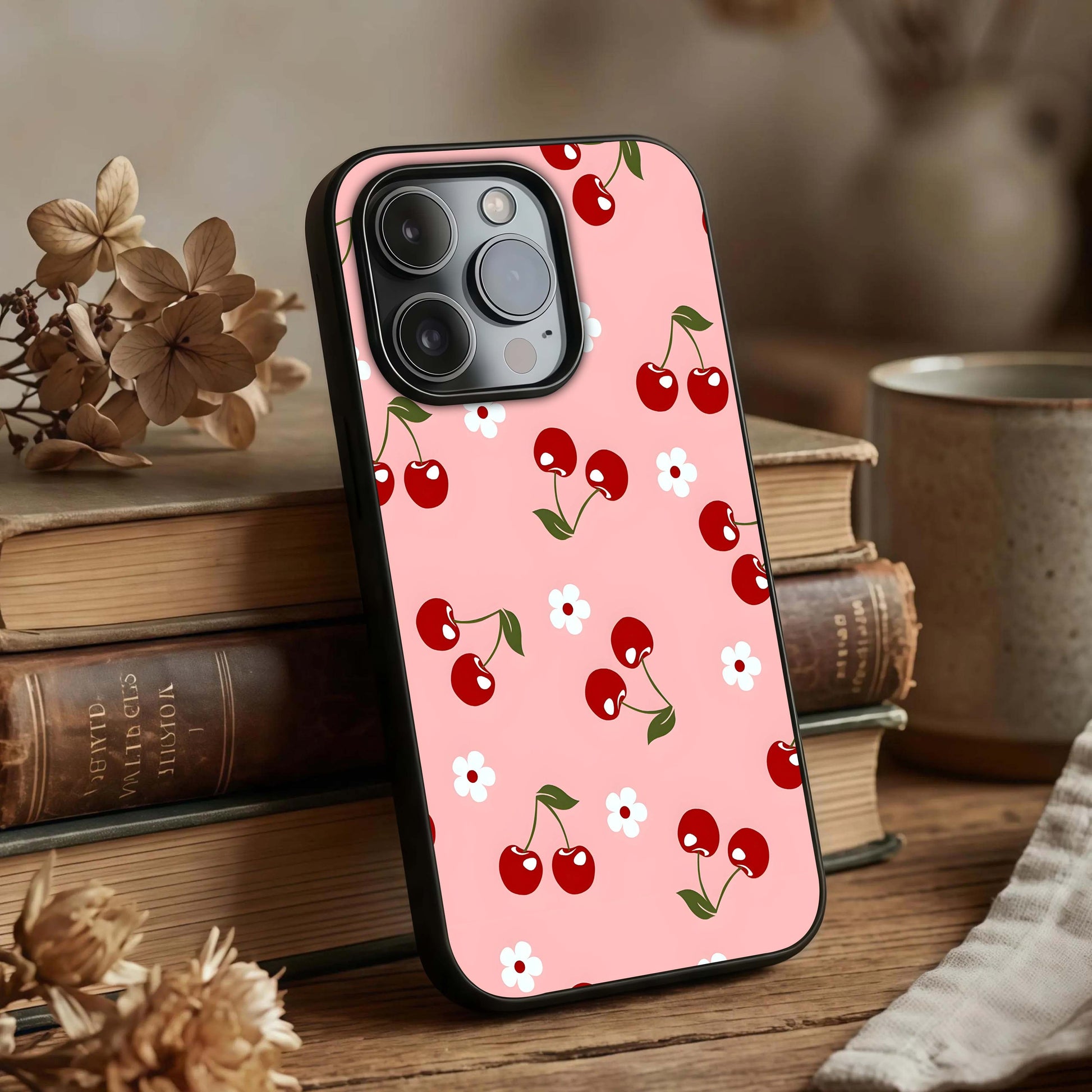 Cherry Love Mood Glass Case displayed upright for expressive design visibility and premium finish.