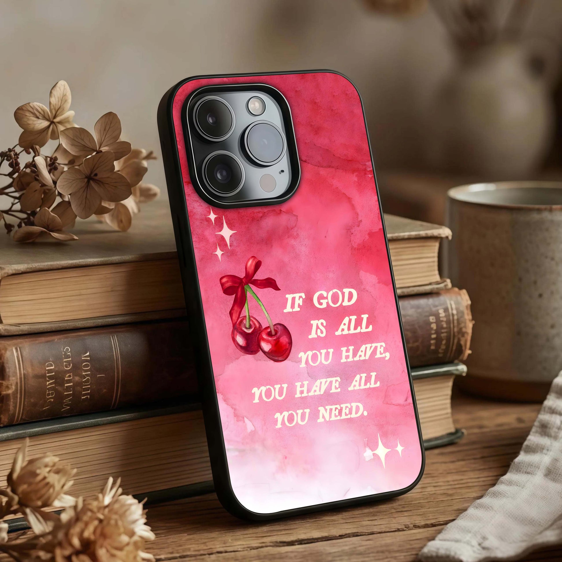 Cherry Quote Glass Case displayed upright for readable message visibility and premium finish.