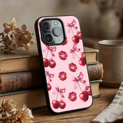 Cherry With Lips Glass Case displayed upright for striking design visibility and premium finish.