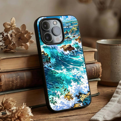 Coastal Blue Waves Glass Case displayed upright for coastal design visibility and premium finish.
