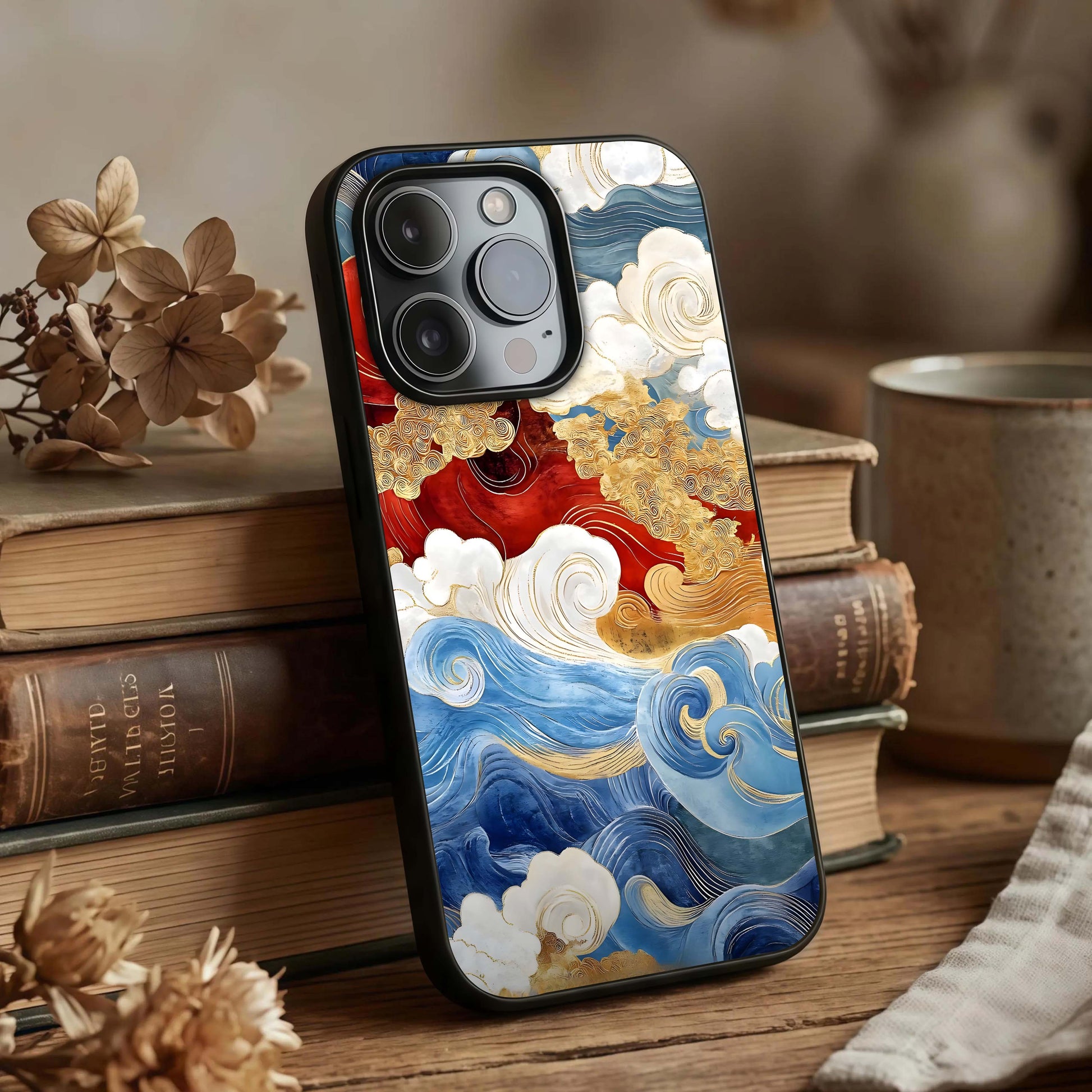 Colored Waves Glass Case displayed upright for dynamic color visibility and premium finish.