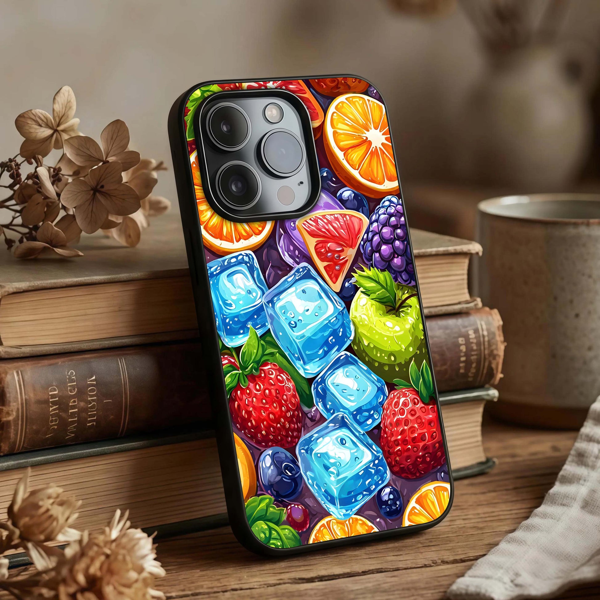 Colorful Fruits with Ice Glass Case displayed upright for lively design visibility and premium finish.