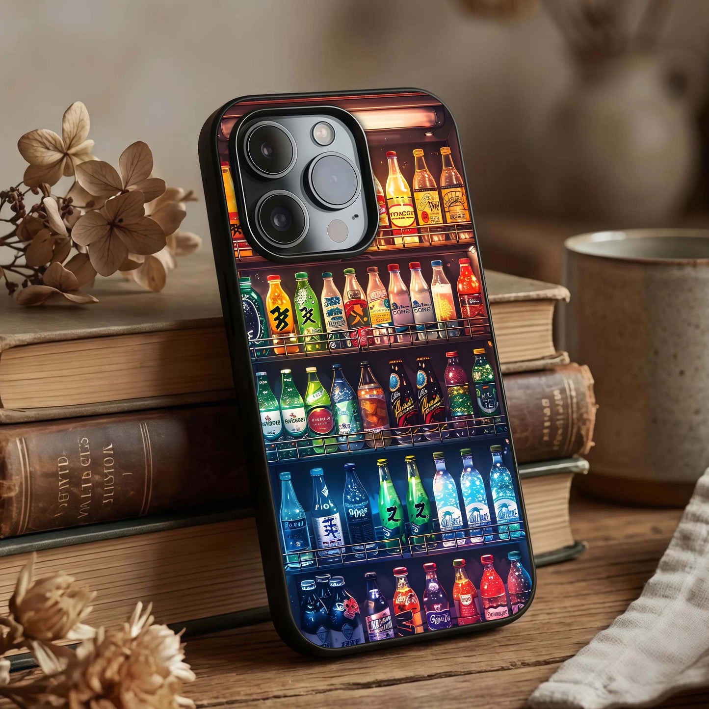 Colorful Soda Bottles Glass Case displayed upright for fun design visibility and premium finish.