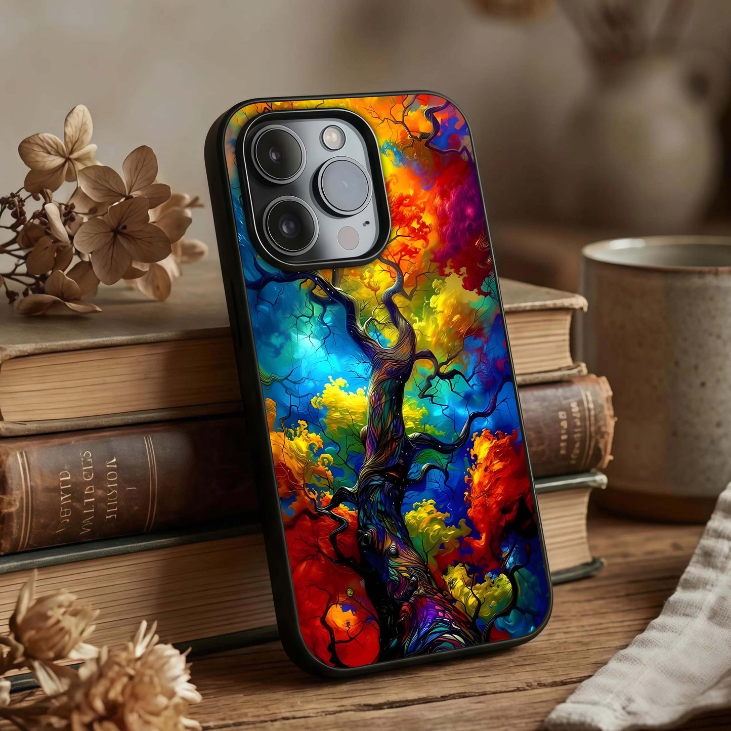 Colorful Tree Glass Case displayed upright for nature-inspired visibility and premium finish.