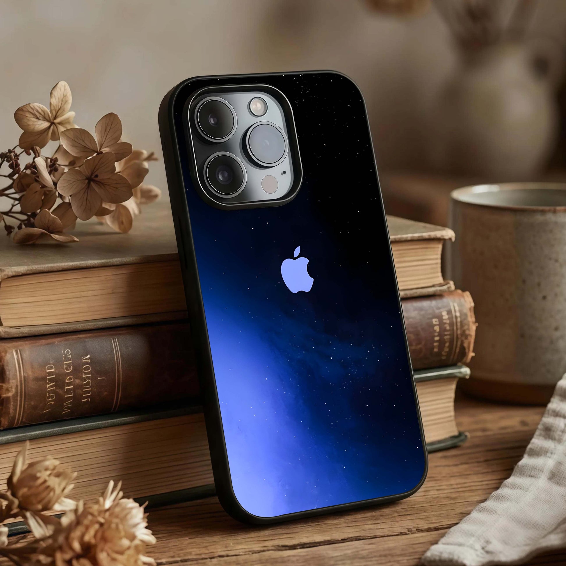Cosmic Blue Apple Glass Case displayed upright for bold cosmic visibility and premium finish.