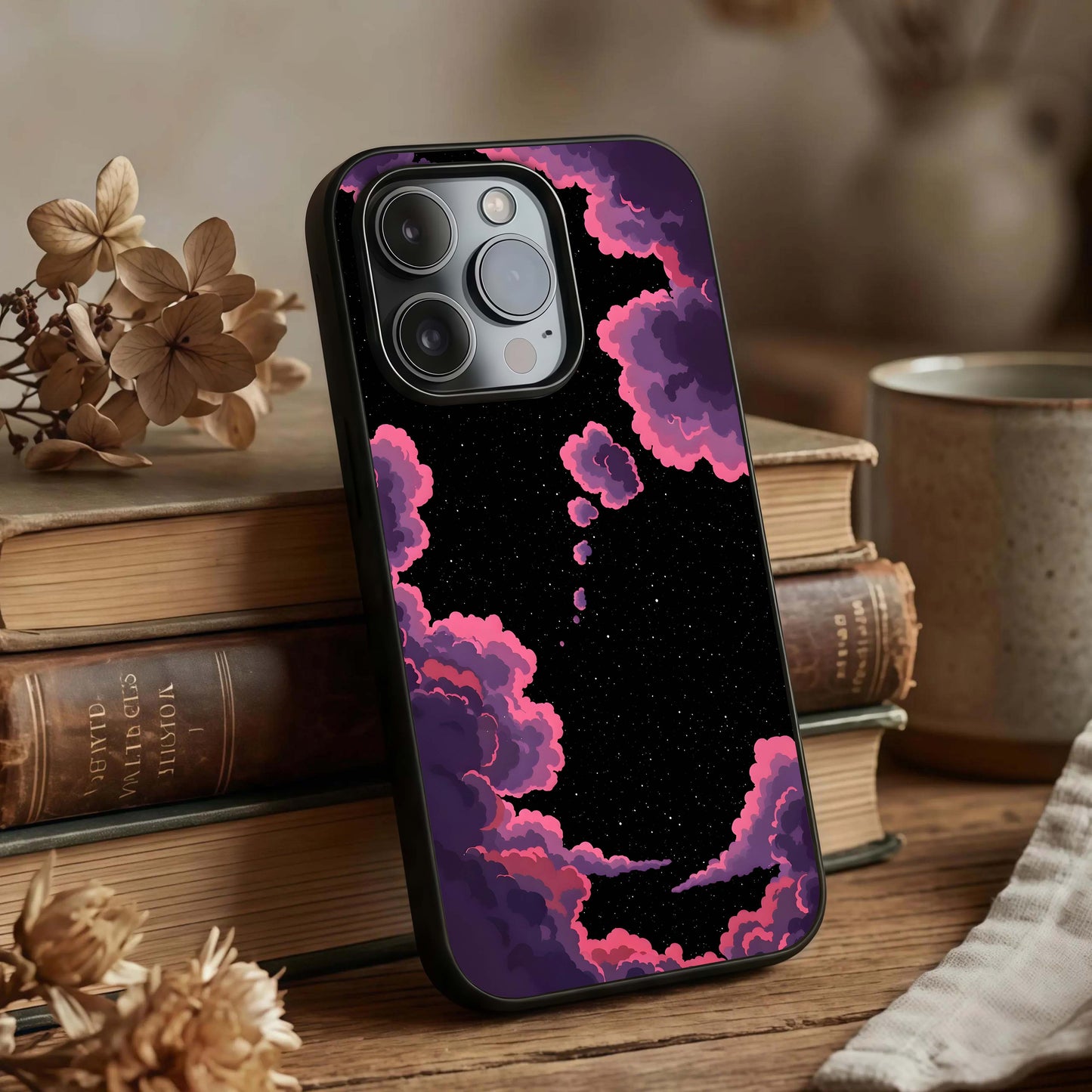 Cosmic Cloud Journey Glass Case displayed upright for journey-themed visibility and premium finish.