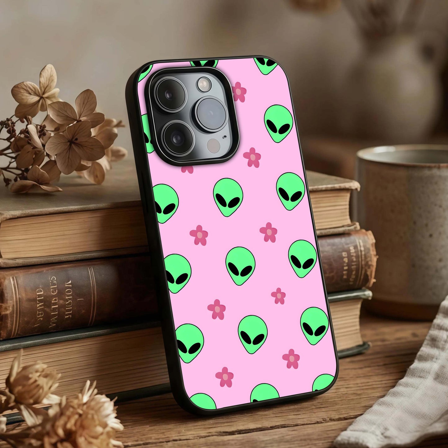 Cosmic Cute Crush Glass Case displayed upright for cheerful design visibility and premium finish.