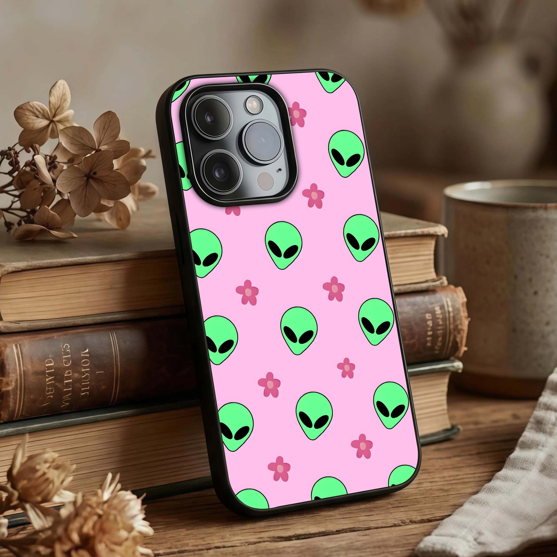 Cosmic Cute Crush Glass Case displayed upright for cheerful design visibility and premium finish.