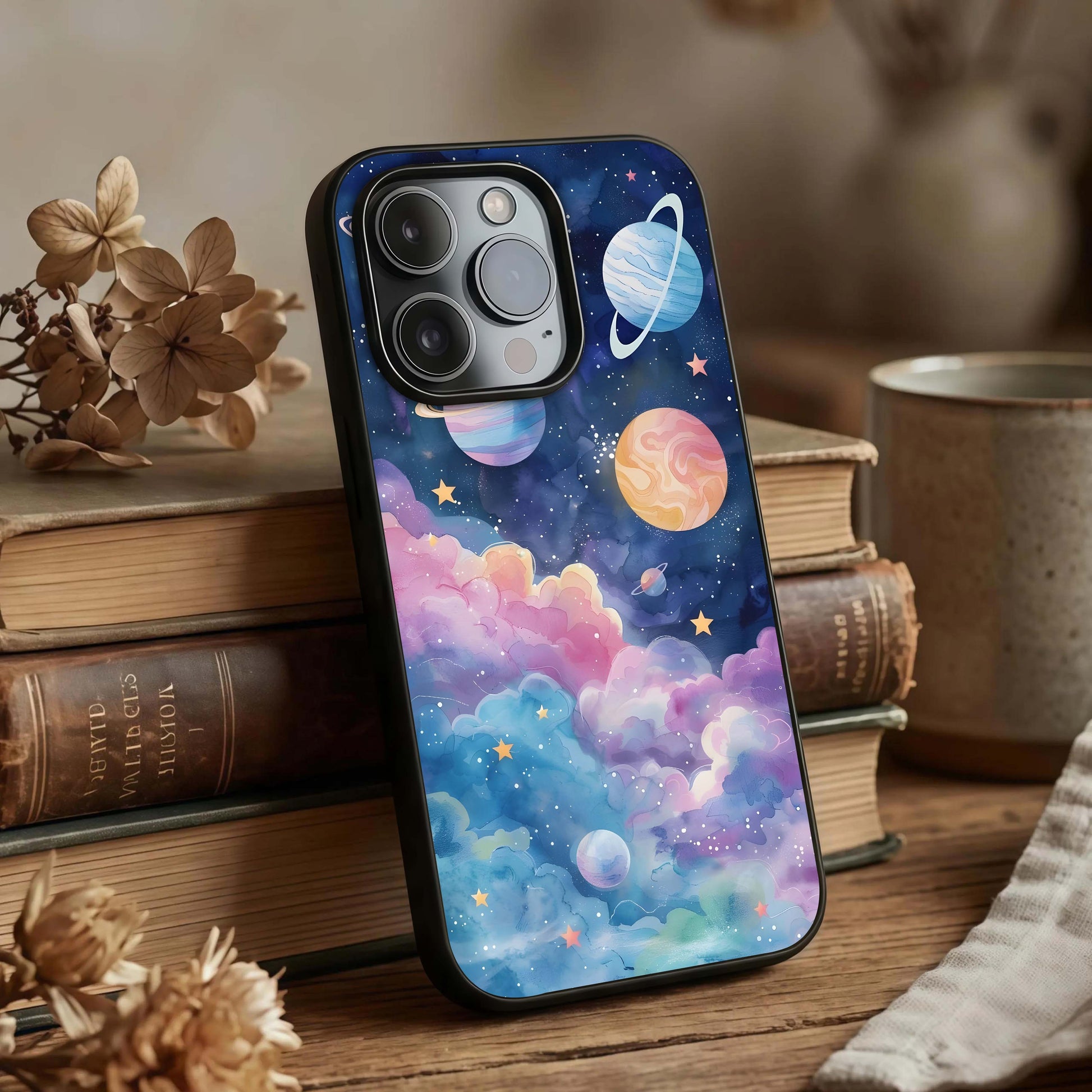 Cosmic Planet Dreams Glass Case displayed upright for celestial visibility and premium finish.