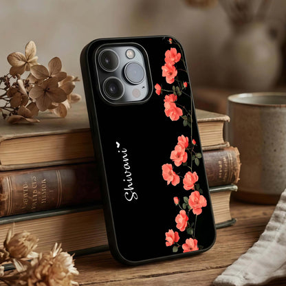 Crimson Bloom Grace Custom Name Glass Case displayed upright for custom-name focus and premium finish.