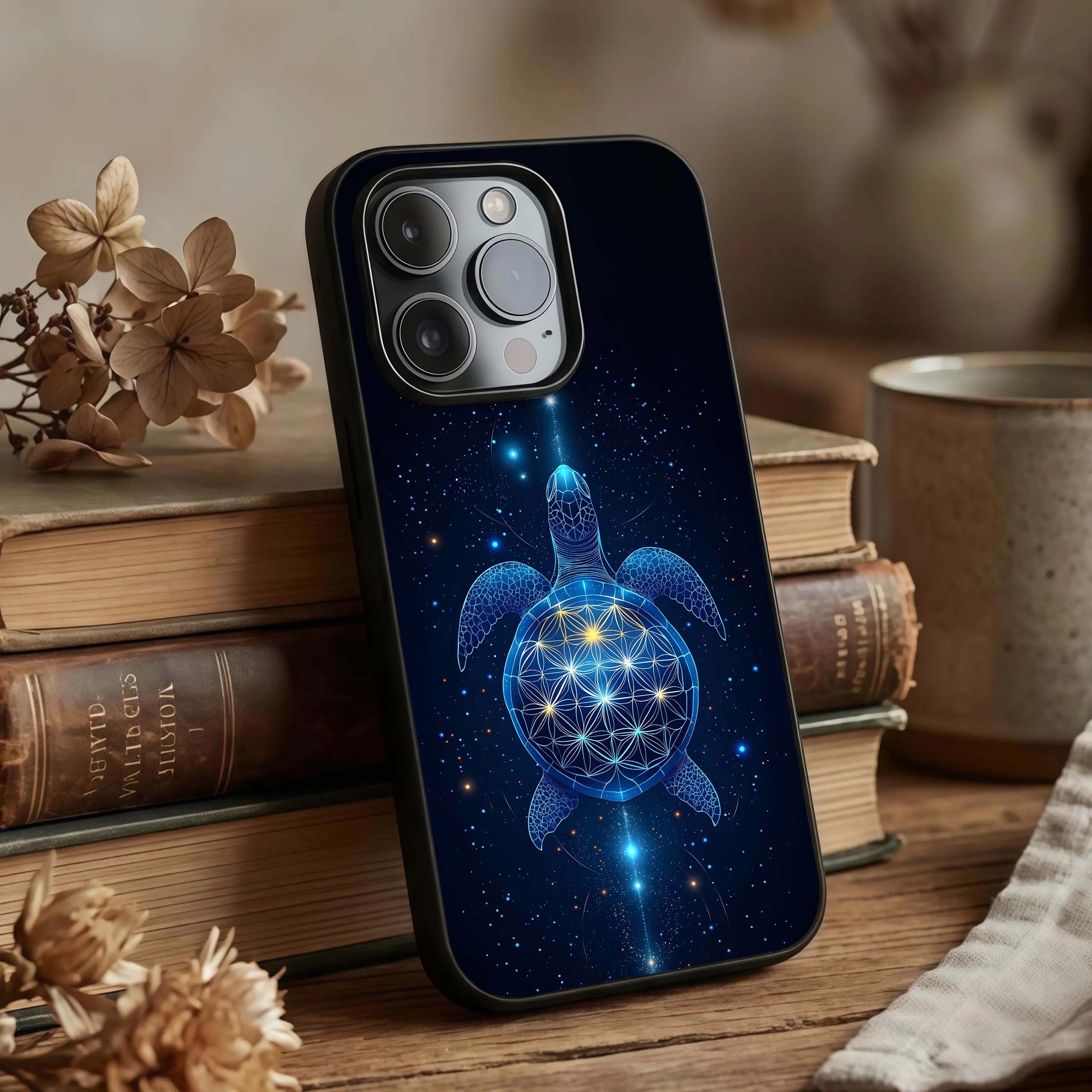 Crimson Blue Turtle Glass Case displayed upright for detailed wildlife visibility and premium finish.