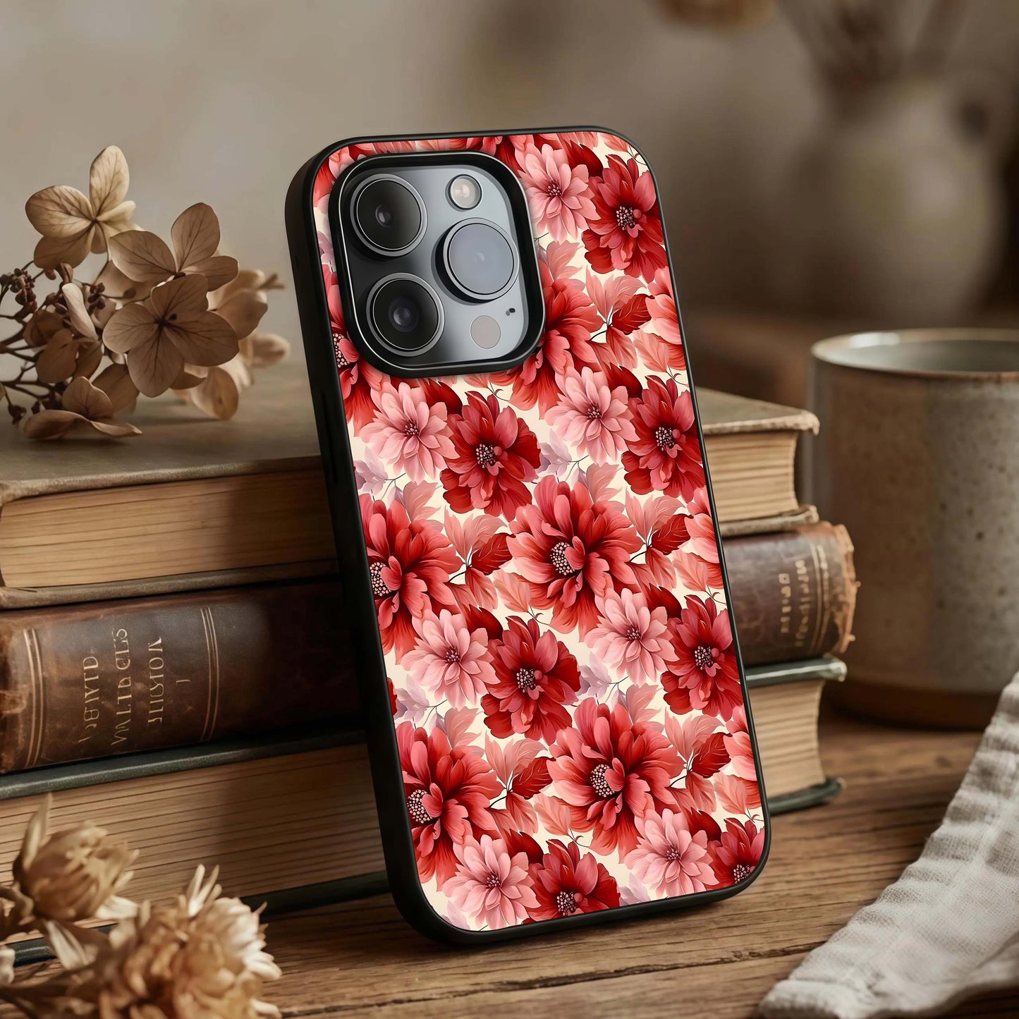 Crimson Love Petals Glass Case displayed upright for heartfelt design visibility and premium finish.